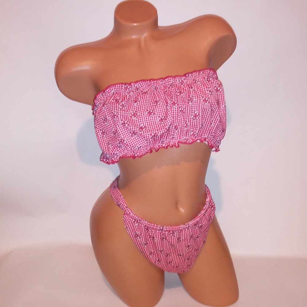Victoria Secret PINK Swim Bikini XXL 2X Top & Bottom Red White Floral Gingham